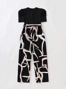 SHEIN Bộ áo liền quần in hình học đen trắng dành cho thiếu nữ tuổi teen có thắt lưng nơ, tay áo kiểu capri, ống rộng và eo co giãn, thiết kế 2 trong 1 cho kỳ nghỉ và giải trí - Đen và trắng - Xem 3