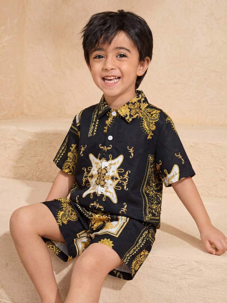 Young Boys' Baroque Printed Shirt And Shorts Set - Multicolor - View 1