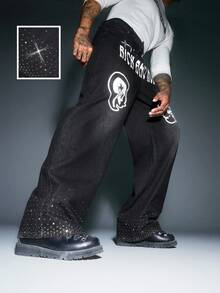 Rick and Morty X SHEIN 男士口袋纽扣字母图案休闲百搭日常穿着阔腿牛仔裤 - 黑色 - 查看 1