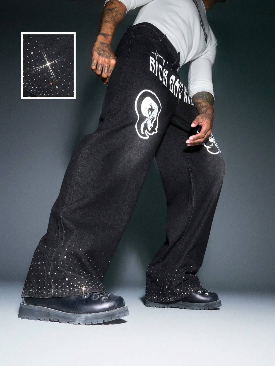 Rick and Morty X SHEIN 男士口袋纽扣字母图案休闲百搭日常穿着阔腿牛仔裤 - 黑色 - 查看 1