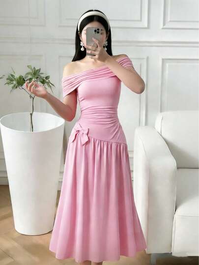 Teen GirlOff-Shoulder Ruched Waist Dress, French Bow Decor Sleeveless Asymmetrical Hem Dress