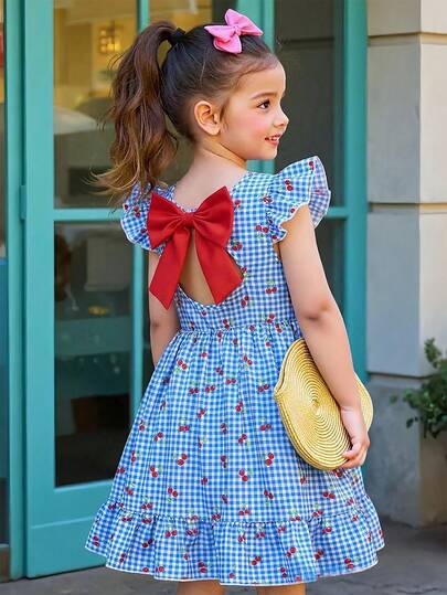 Elladie kids 女童优雅樱桃红蓝格子印花露背蝴蝶结腰部荷叶边下摆休闲时尚连衣裙，适合度假、旅行、夏季穿着，可爱甜美