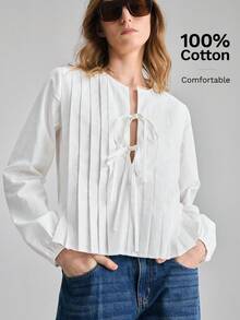 Ontre 2026SS New Spring/Summer Versatile Vintage Elegant Business Casual Blouse, Suitable For New Year, Easter, Valentine's Day, Vacation, Wedding Guest, Urban Commute, Business Casual - White - View 1