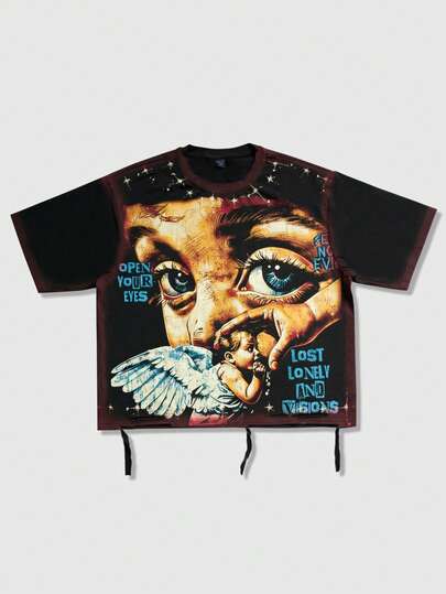 ROMWE MEN 2026 Men's Casual Fashion Short Sleeve T-Shirt, Distressed Artistic Design, Summer; Women's Street Style Round Neck T-Shirt