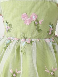 SHEIN Glamorique Kids Baby Girl Green Summer Elegant Princess Floral Mesh Puff Sleeve Dress For Toddlers Flower Girl Party Flower Embroidery Dress - Olive Green - View 5