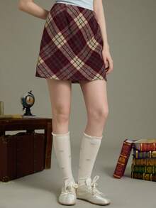 Elnivra 女士格子羊毛混纺A字半身裙，高腰显瘦复古厚格纹半身裙，秋冬款 - 彩色 - 查看 1