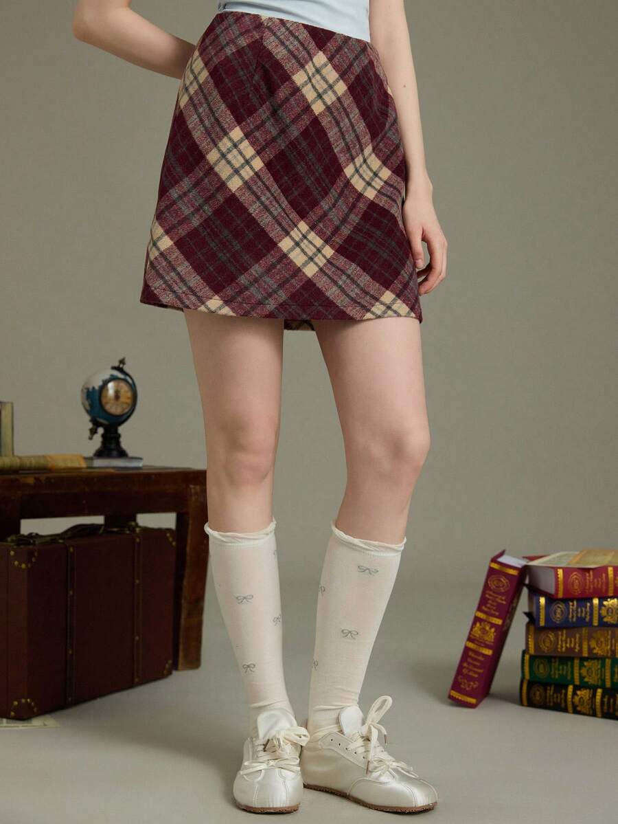 Elnivra 女士格子羊毛混纺A字半身裙，高腰显瘦复古厚格纹半身裙，秋冬款 - 彩色 - 查看 1