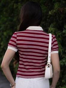 Andrea Bello Vintage Elegant Women Polo Collar Jacquard Casual Commute Vacation T-Shirt Summer For Women Vacation Women Tops Women Western Wear Women Business Casual Woman Summer Clothes Going Out Tops Women Cute Tops Vacation Women Office For Women Church Clothes Women Summer Tops Women Back To School Clothes Teacher For Women Going Out Tops Women Women Clothes Clothes Church Spring - Burgundy - View 2