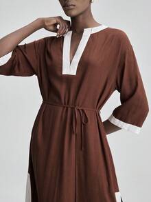 Ontre 2026 SS Linen Blend Midi Dress,White And Brown Colorblock V-Neck 3/4 Sleeve Straight Dress,Summer Minimalist Daytime Holiday Casual Elegant Commute - Brown - View 7