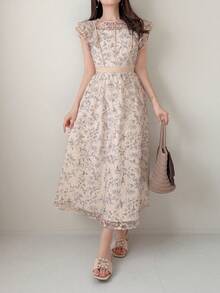 FRIFUL 女士圆领短袖束腰印花连衣裙夏季款 - 灰色 - 查看 7