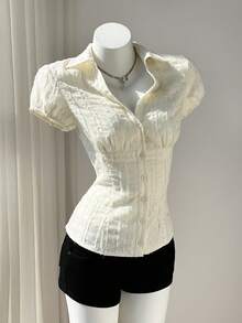 Elamini 女士V领雪纺蕾丝褶皱纹理衬衫，半透明，春夏法式风格衬衫，优雅高贵，适合正式场合，白色复古职业衬衫，夏季女士衬衫 - 白色 - 查看 6