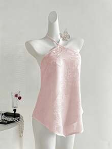 SHEIN Sweetro Áo kiểu nữ thanh lịch cổ yếm, vạt lệch vai, chất liệu jacquard, thích hợp cho mùa hè. - Nhiều màu - Xem 1