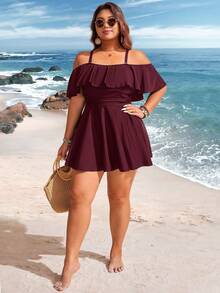 Swim Lushoire Traje de baño con volantes y hombros descubiertos con shorts para mujer de talla grande de unicolor - Burdeos - Ver 4