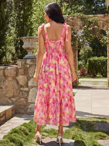 KARISMINA Đầm midi hai dây in hoa thanh lịch, lãng mạn, thích hợp cho kỳ nghỉ hè, dành cho nữ, phong cách thường ngày, thích hợp cho mùa xuân/hè. - Hồng - Xem 3