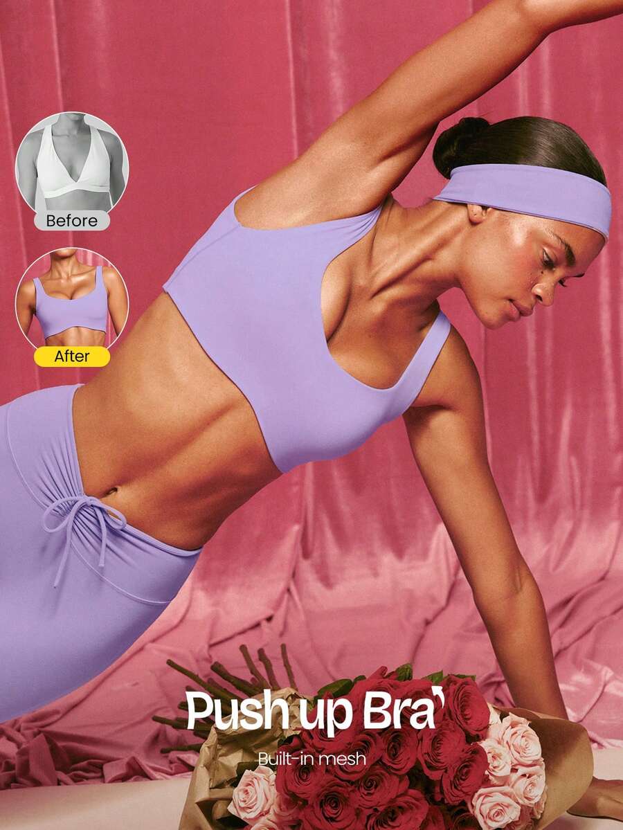 GLOWMODE FeatherFit™ - Reggiseno sportivo a media compressione con spalline in rete, coppe rimovibili, schiena a V, adatto per corsa, jogging, allenamento in palestra e attività fisica autunno/inverno - Foschia di lavanda - Visualizzare 1