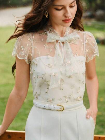 Vintamour Vintage Elegant Women Floral Embroidered Mesh Flower Bow Tie Casual Vacation Holiday Blouse Summer Holidays Spring Breaks Vacations Holidays Elegant Blouse For Women Casual Vacation Blouse For Women