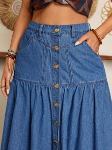 Breezaya Falda vaquera de línea A con botones dorados, cintura fruncida, holgada y elegante para mujer - Azul lavado medio - Ver 5