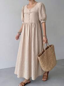 EMERY ROSE 女士休闲纯色泡泡袖连衣裙，适合度假 - 杏色 - 查看 6