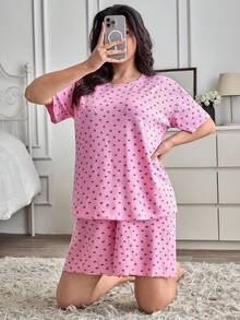 SHEIN Bộ đồ ngủ nữ cỡ lớn gồm 2 món, chất liệu cotton, dệt kim gân, màu hồng phối tương phản, họa tiết trái tim, cổ tròn, tay ngắn và quần short, thoải mái, thích hợp mặc ở nhà. - Hồng - Xem 5