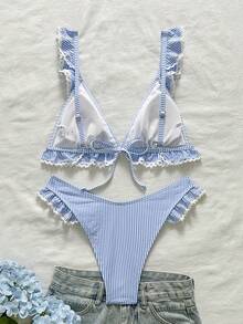 Swim Mod 2件套女童特制条纹荷叶边三角比基尼上衣和V领荷叶边三角泳裤泳装 - 彩色 - 查看 2