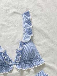 Swim Mod 2件套女童特制条纹荷叶边三角比基尼上衣和V领荷叶边三角泳裤泳装 - 彩色 - 查看 4