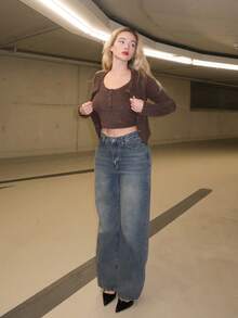 Turnttoni 2件套女士秋冬时尚棕色毛绒修身露脐上衣和开衫套装长袖女装 - 咖啡棕 - 查看 4