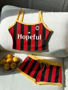 Comfortcana Bộ 2 món gồm áo hai dây croptop và quần short kẻ sọc phối màu mùa hè, thích hợp mặc đi cổ vũ câu lạc bộ bóng đá, làm đồ lưu niệm cho người hâm mộ, trang phục ngày thi đấu World Cup. - Nhiều màu - Xem 6