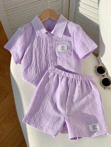 SHEIN 2 st babypojke sommar casual semester lila skjorta och shorts set - Multifärgad - Visa 7