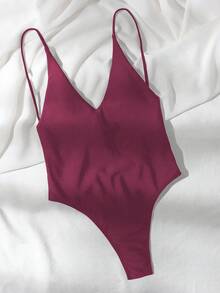 Swim Basics 女士纯色性感吊带连体泳衣 - 中紫紅色 - 查看 5