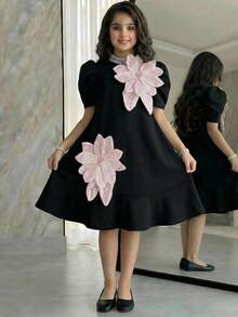 SHEIN 少女宽松优雅立领无袖撞色印花装饰连衣裙 - 黑色 - 查看 5