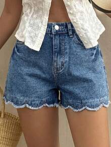 SHEIN Thời trang thiếu nữ tuổi teen, phong cách đường phố, phối đồ đa năng, kiểu dáng Y2K cổ điển, cá tính, mùa xuân hè, quần short denim thêu họa tiết sóng biển màu xanh dương mát mẻ, thích hợp mặc hàng ngày từ xuân đến hè, dự tiệc rave và phong cách đường phố. - Màu xanh lam - Xem 4