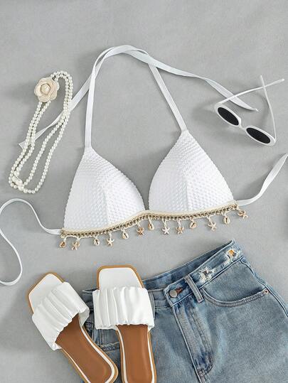 Swim Mod Top de traje de baño de punto con decoración de conchas y estrellas de mar, con cuello de halter y copa dura, adecuado para playa y vacaciones de verano, talla grande
