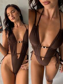 Aloruh 女士纯棕色连体泳衣，修身性感优雅泳装，复古波西米亚串珠装饰，女士度假沙滩装 - 棕色 - 查看 9