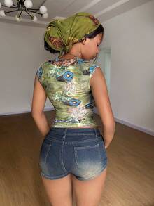 StreetHx Women's Bohemian Style Sexy V-Neck Fitted Short Sleeve T-Shirt,Vacation Outfits Women ,Afro Boho Outfits - Green - View 2