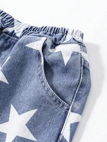 Tween Boys Denim Shorts,Blue And White Striped,Summer,Casual,City Break,Cotton Washed Star Print Multi-Pocket Elastic Waist Wide Leg Cargo Shorts - Blue - View 10