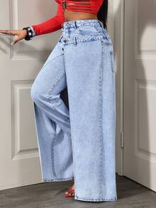 Slaydiva 女士时尚休闲牛仔裤，双腰带口袋和纽扣设计 - 藍色 - 查看 3