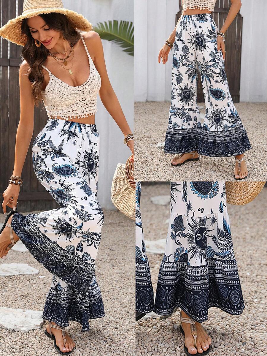 Silhoulove Quần ống rộng in họa tiết nhiệt đới dành cho nữ, kiểu dáng thường ngày. - Màu xanh lam - Xem 1