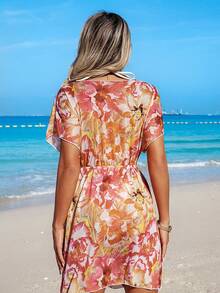 Swim Vcay Women's V-Neck Floral Print Ruched Beach Vacation Dress - Multicolor - View 2