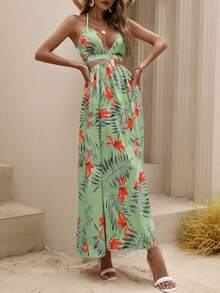 Breezaya Đầm maxi dài xẻ đùi, thắt nút, hở lưng, in họa tiết nhiệt đới, thích hợp cho kỳ nghỉ biển, trang phục dành cho nữ. - Màu xanh Bạc hà - Xem 5