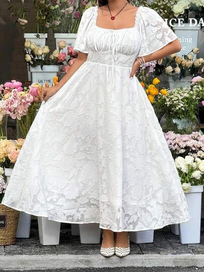 GalTyme Vestido elegante de talla grande con cuello cuadrado, lazo y pliegues en unicolor