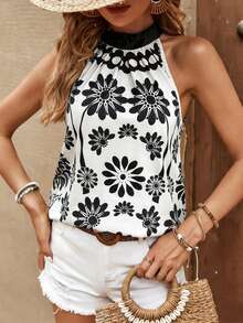 EMERY ROSE Women's Printed Pleated Sleeveless Casual Summer Shirt, Sleeveless Blouse - Black and White - View 3