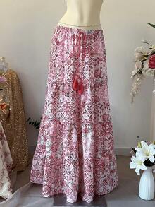 INAWLY Women's Vacation Waist Tassel Tie Floral Print Ruffle Hem Casual Skirt - Pink - View 3