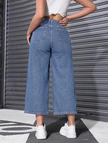 Rivivi Women's Pocket Button Casual Versatile Daily Wear Wide Leg Jeans - Medium Wash - View 2