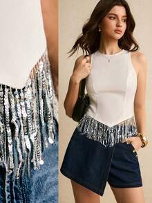 Poéselle Women's White,Summer,70s Retro,Sequin,Party Tank Top,Sleeveless Round Neck Asymmetrical Hem Tassel Fringe Trim Music Festival Fashion Sequin Top - White - View 8