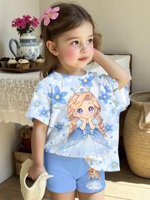 SHEIN Cute Blue Floral Print, Cartoon Frozen Snow Queen Princess Print, Sisterly Matching Set, Baby Girl Casual Loose Round Neck Short Sleeve T-Shirt And Skinny Bike Shorts Set, Suitable For Spring And Summer - Multicolor - View 4