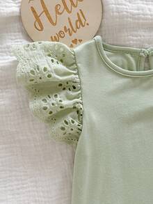 新生女宝宝可爱针织白色短袖连体衣，休闲夏季款 - 綠色 - 查看 4