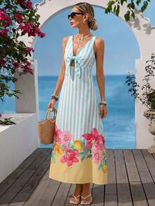 Vivid Eden 女士夏季度假条纹印花系带连衣裙 - 湖藍色 - 查看 9