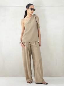 KSTM Women Linen Wide Leg Pants With Tie Belt Detail High Waist Palazzo Trousers Summer Casual Flowy Bottoms - Camel - View 3