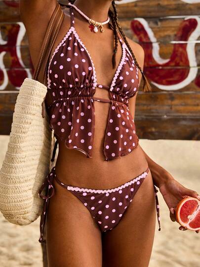 Swim Mod Conjunto de bikini sexy de tankini con parte superior de tirantes con volantes y estampado aleatorio de lunares, y Bottom con lazos laterales. Traje de baño de primavera/verano