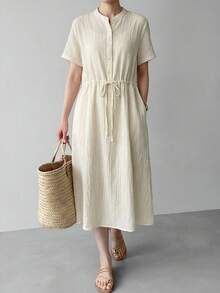SHEIN LUNE Women's Cream White Summer Casual Short Sleeve Single-Breasted Drawstring Waist Mid-Length Dress,French Style Vacation Holiday Outfits Midi Dresses - Apricot - View 1